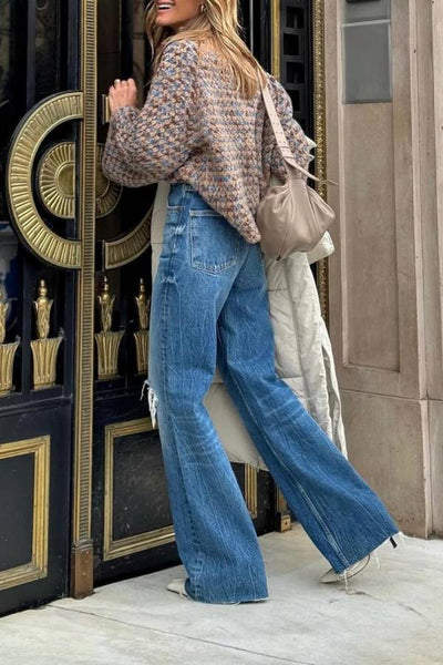 Brązowy niebieski sweter z wysokim kołnierzem dla kobiet - Ciepły i elegancki styl retro