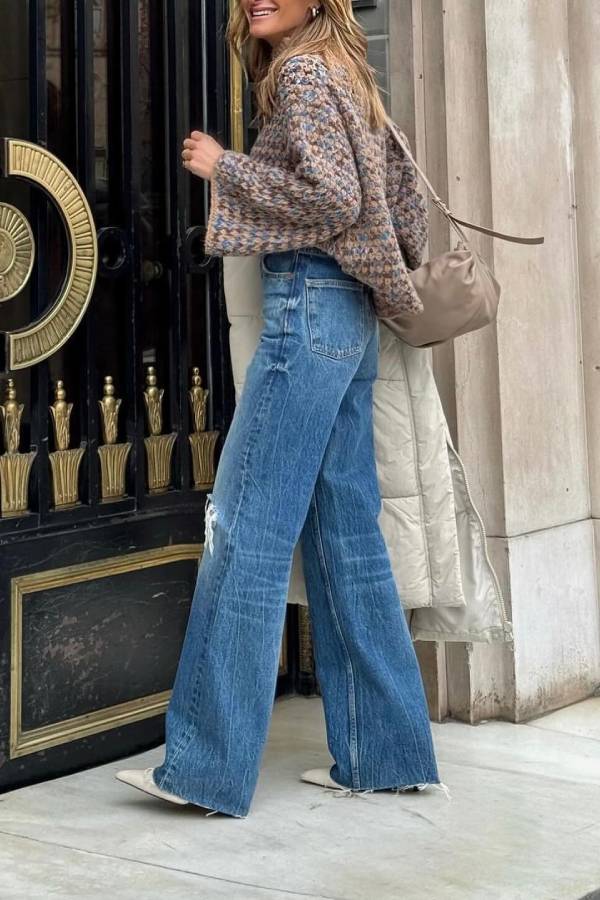 Brązowy niebieski sweter z wysokim kołnierzem dla kobiet - Ciepły i elegancki styl retro