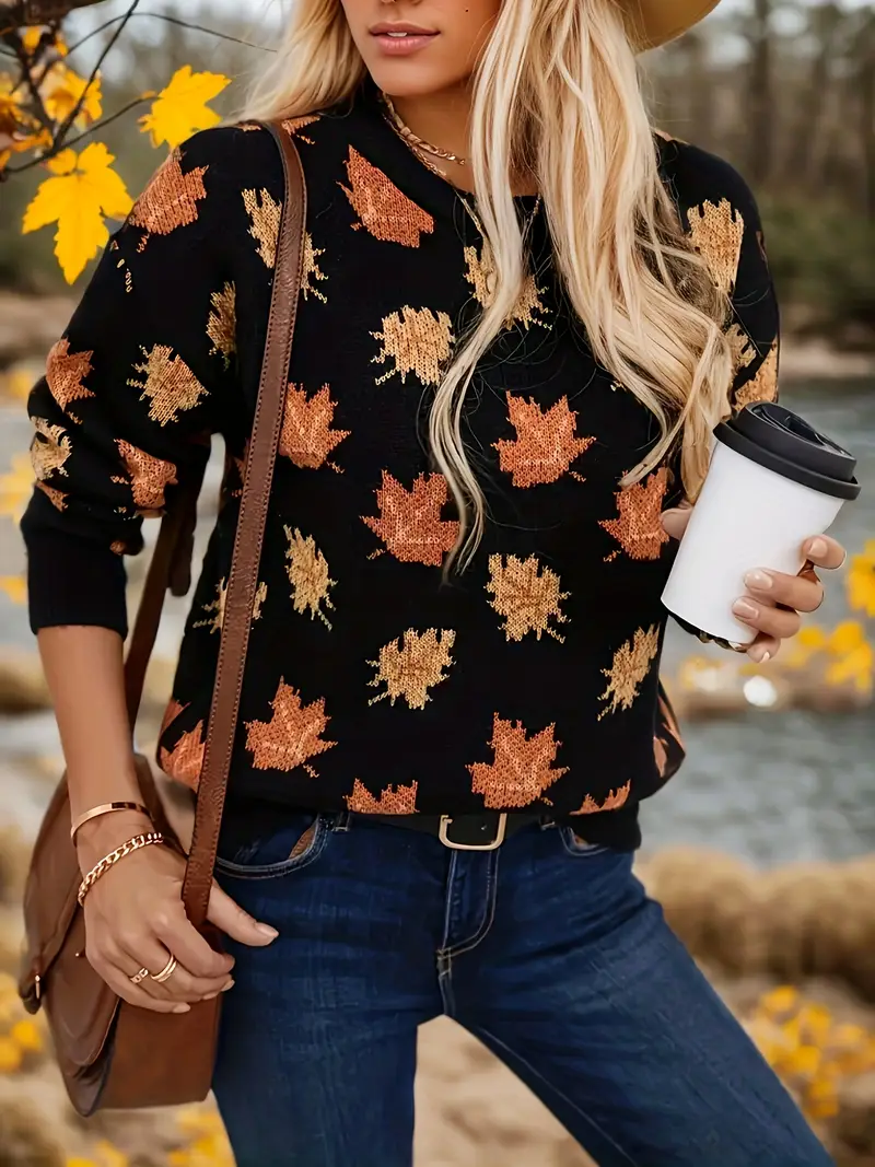Sweter damski z nadrukiem liści klonu, długie rękawy - Moda casual chic