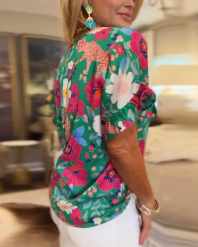 Blouse À Encolure En V Imprimé Floral Manches Courtes