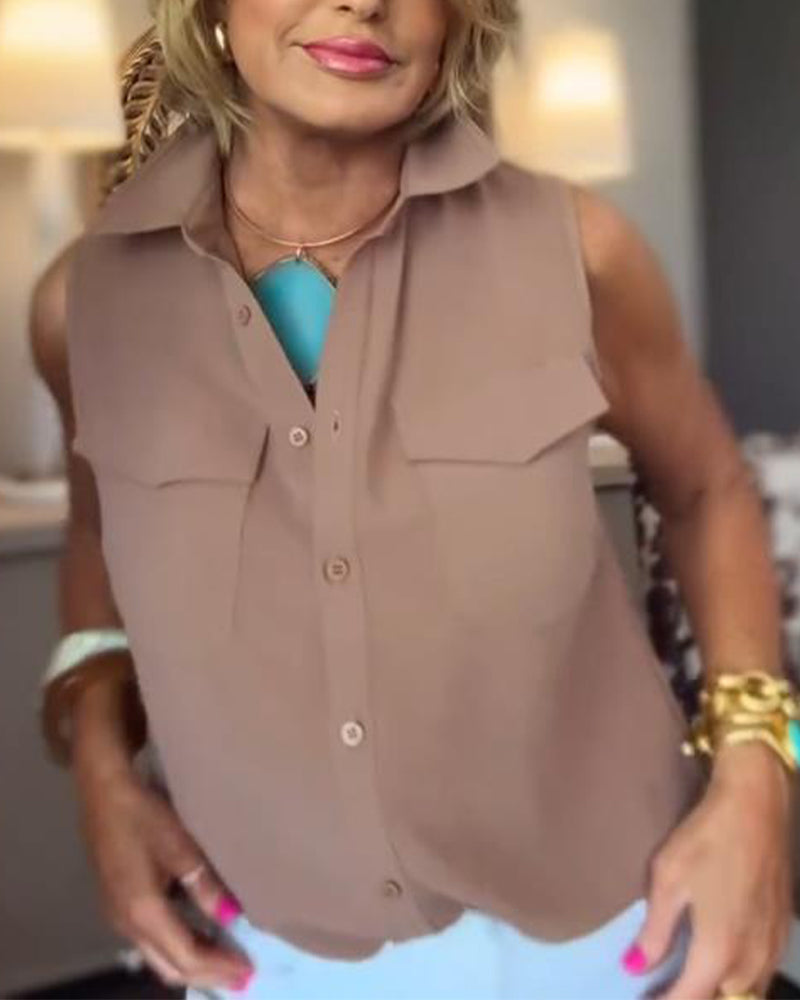 Blouse Revers Poche Sans Manches