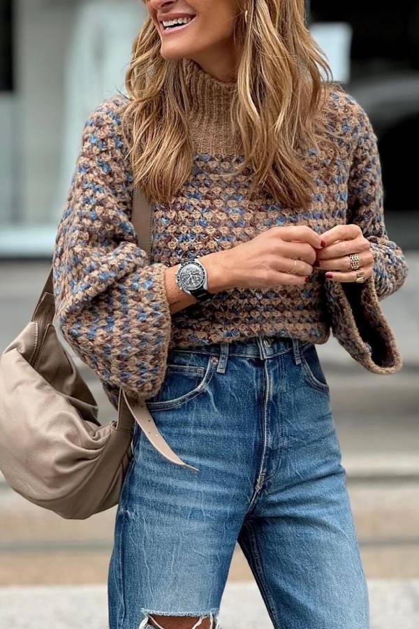 Brązowy niebieski sweter z wysokim kołnierzem dla kobiet - Ciepły i elegancki styl retro