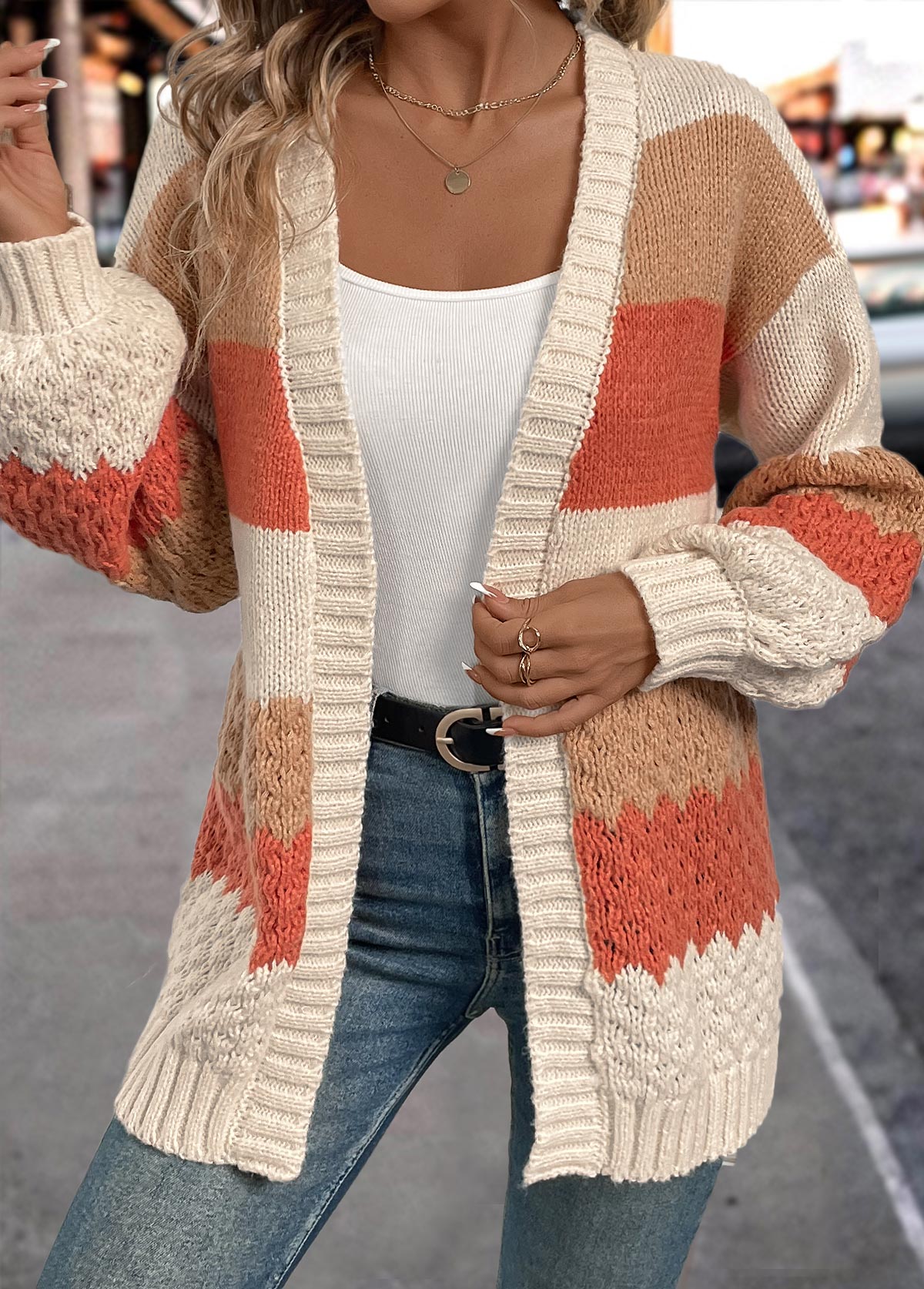Kardigan Patchwork Pomarańczowy Damski – Styl Casual i Ciepły Komfort