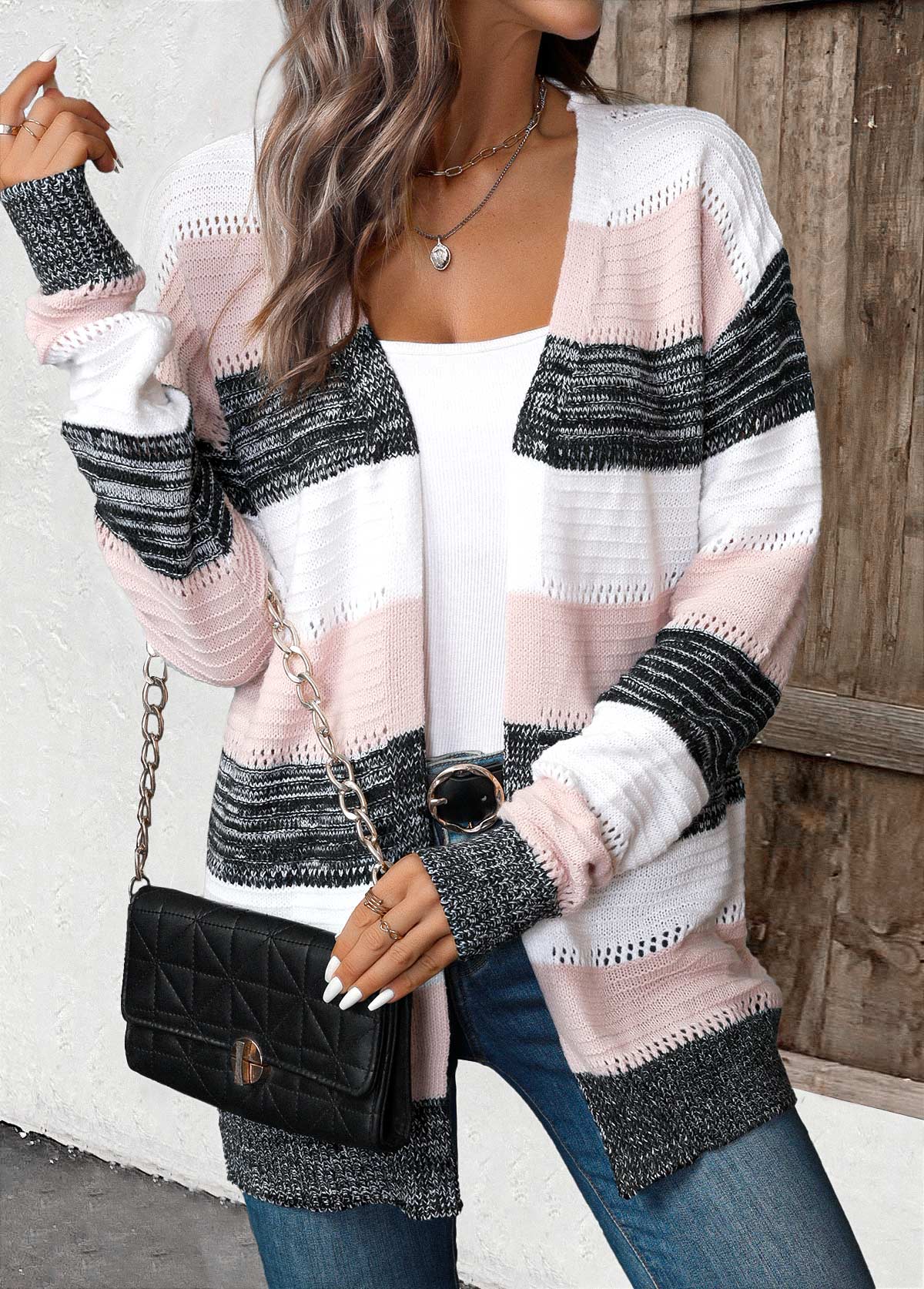 Cardigan w paski patchwork dla kobiet czarny – Komfort i styl casual