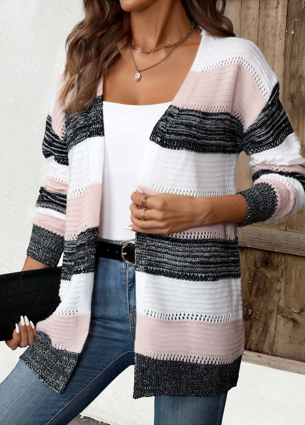 Cardigan w paski patchwork dla kobiet czarny – Komfort i styl casual
