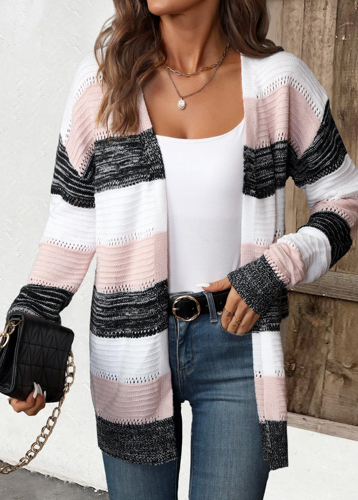 Cardigan w paski patchwork dla kobiet czarny – Komfort i styl casual