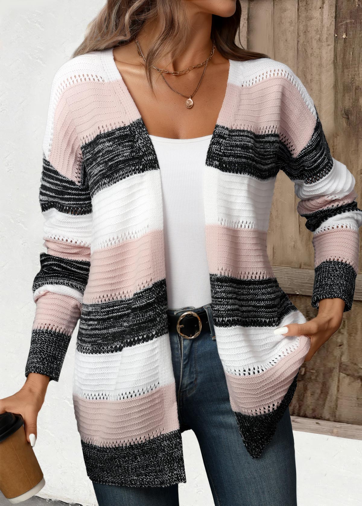 Cardigan w paski patchwork dla kobiet czarny – Komfort i styl casual