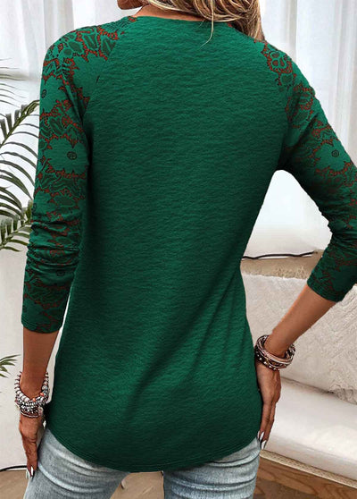 Elegancka Tunika T-shirt w Ciemnozielonym Kolorze z Koronką
