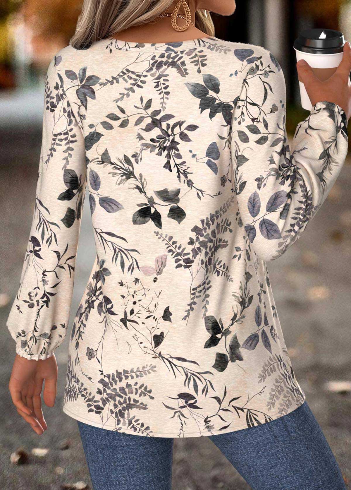 Beżowa Bluzka Damska z Wzorem Roślin – Elegancja Casual