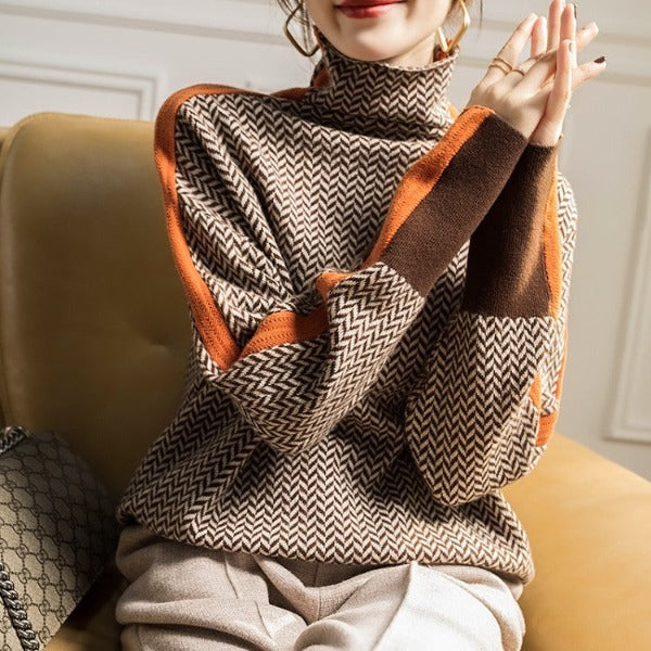 Sweter casual w jodełkę z golfem