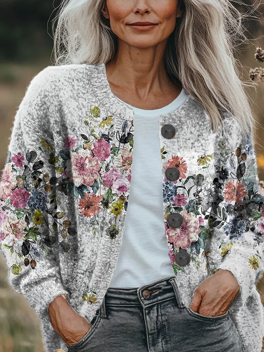 Kardigan Damski Szary Kwiatowy Vintage – Elegancki i Wygodny