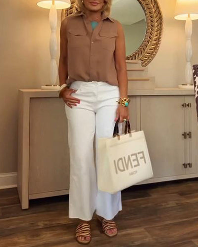 Blouse Revers Poche Sans Manches