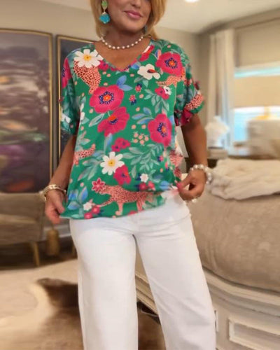 Blouse À Encolure En V Imprimé Floral Manches Courtes