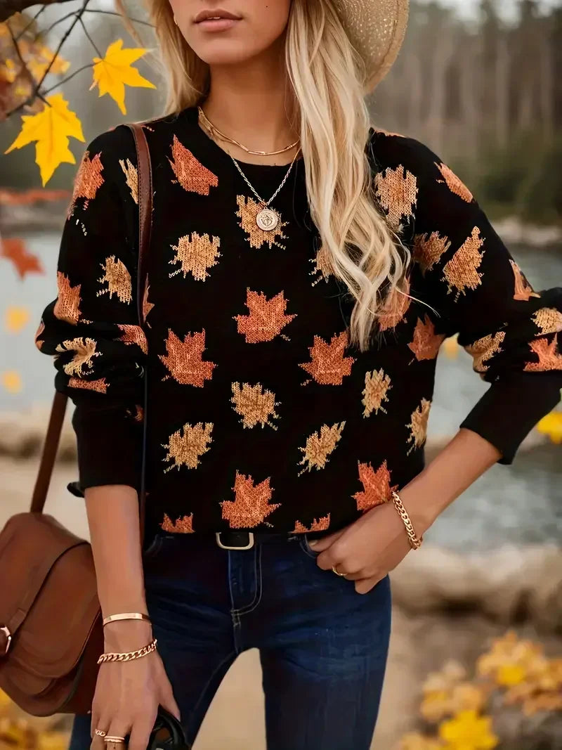 Sweter damski z nadrukiem liści klonu, długie rękawy - Moda casual chic