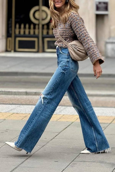 Brązowy niebieski sweter z wysokim kołnierzem dla kobiet - Ciepły i elegancki styl retro
