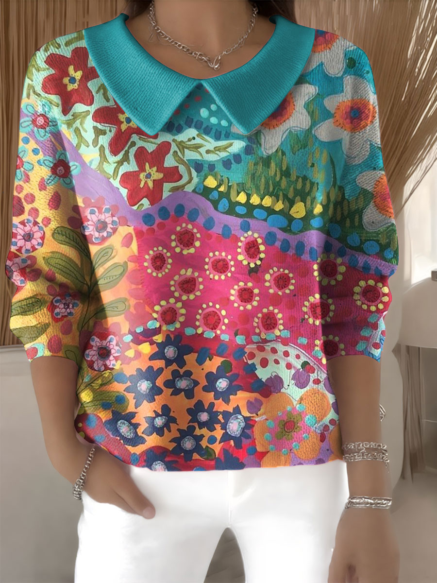 Casualny sweter z kołnierzykiem Peter Pan i kwiatowym nadrukiem dla kobiet z rękawami