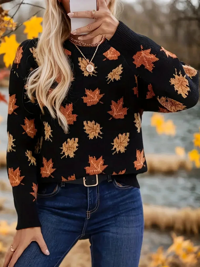 Sweter damski z nadrukiem liści klonu, długie rękawy - Moda casual chic