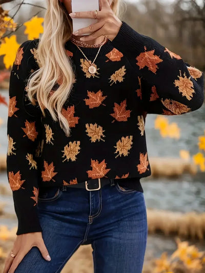 Sweter damski z nadrukiem liści klonu, długie rękawy - Moda casual chic