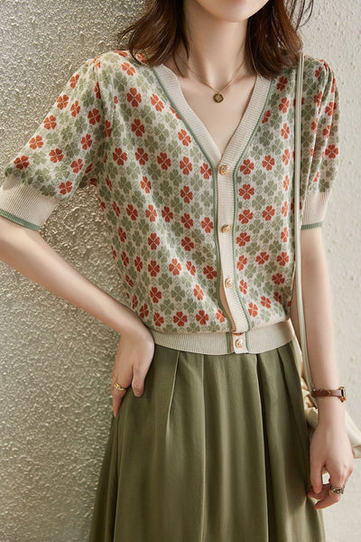 Kardigan Retro Jacquard Damski - Krótki Kamizelka z Dekoltem w Serek, Stylowy i Wygodny
