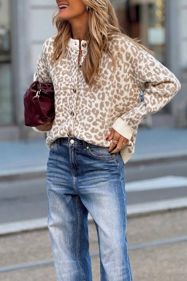 Kardigan w brązowy leoparda dla kobiet - Miękki materiał i stylowy wygląd na jesień