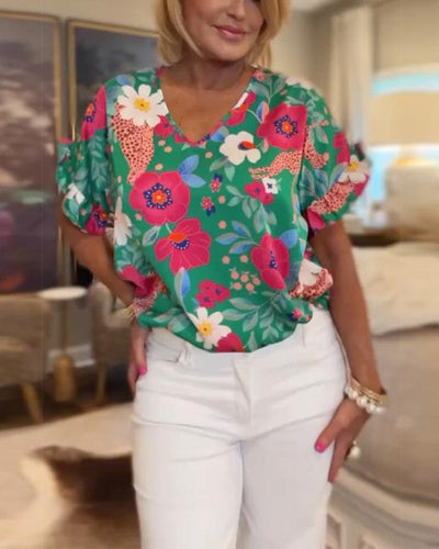 Blouse À Encolure En V Imprimé Floral Manches Courtes