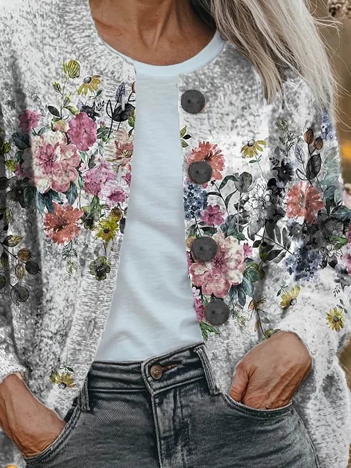 Kardigan Damski Szary Kwiatowy Vintage – Elegancki i Wygodny