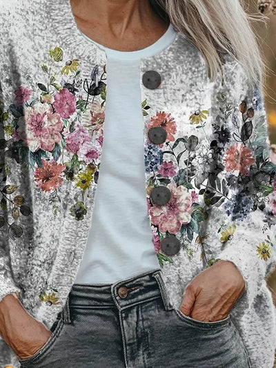 Kardigan Damski Szary Kwiatowy Vintage – Elegancki i Wygodny