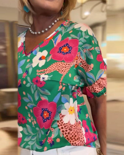 Blouse À Encolure En V Imprimé Floral Manches Courtes