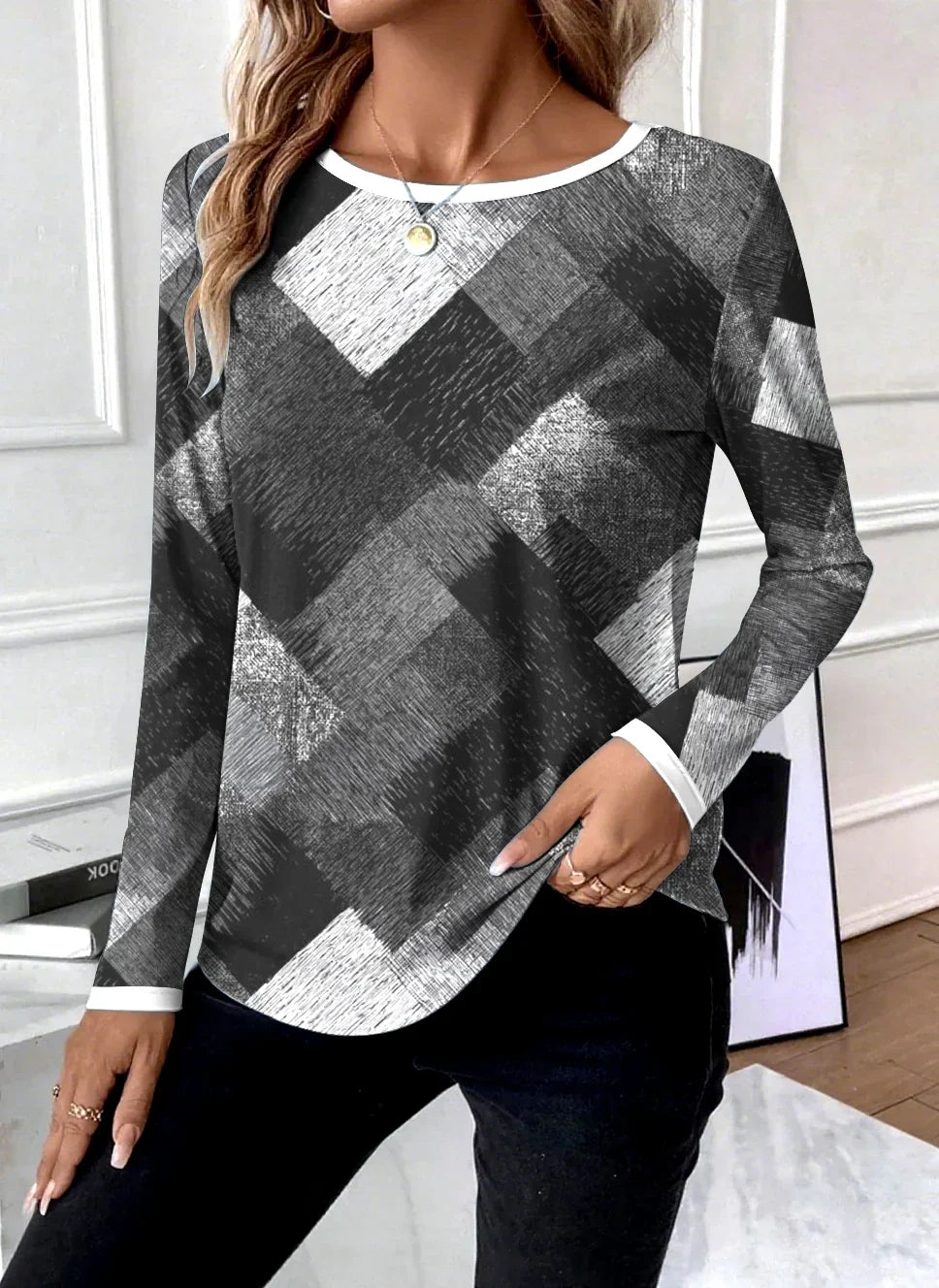 Męska koszulka geometryczna z długim rękawem, okrągły dekolt - Moda casual