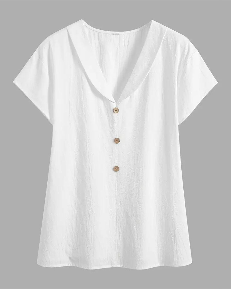 Blouse Col Bouton Uni Manches Courtes